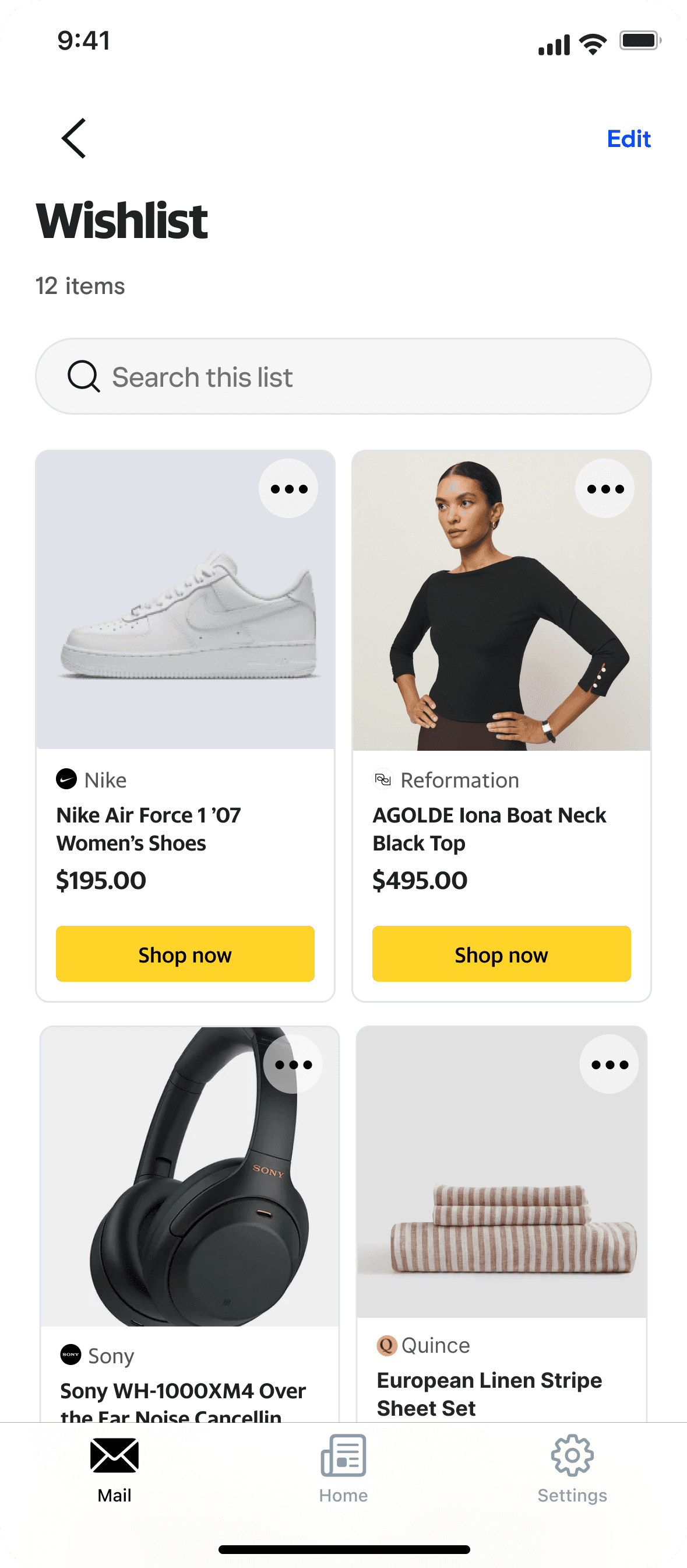AOL Mail Wishlist hub showing saved shopping items.