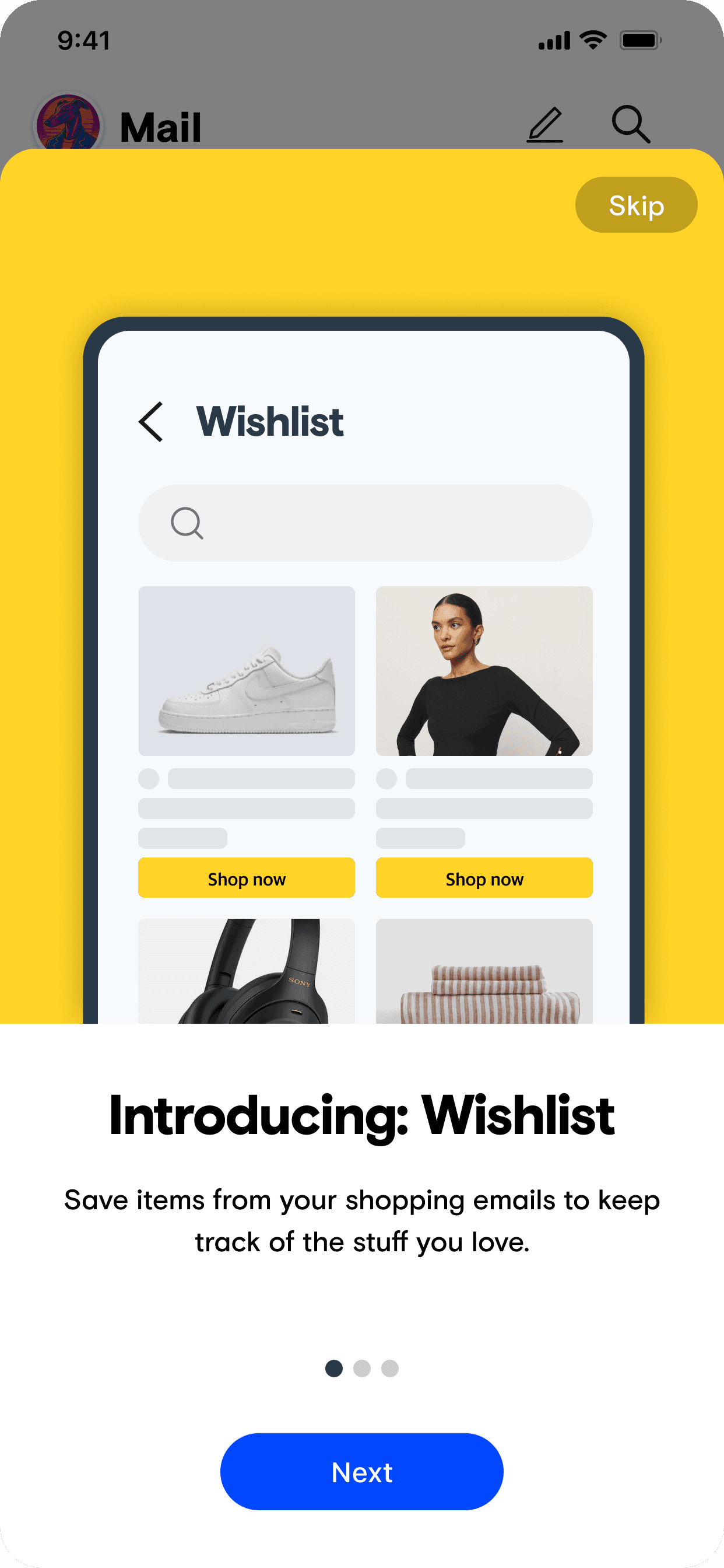 AOL Mail Wishlist onboarding screen introducing the feature.